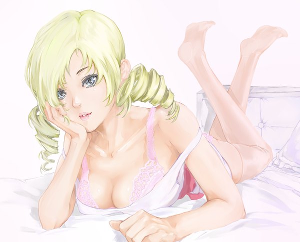 Anime picture 1780x1440 with catherine (game) catherine yamaishi (mukoubuti) single long hair highres breasts blue eyes light erotic blonde hair lying no shoes drill hair girl thighhighs