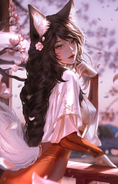 Anime picture 4477x7000 with league of legends ahri (league of legends) nixeu single long hair tall image looking at viewer fringe highres breasts blue eyes light erotic black hair large breasts standing animal ears absurdres tail animal tail lips