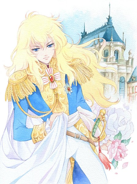 Anime picture 600x805 with rose of versailles oscar francois de jarjayes agahari single long hair tall image blue eyes blonde hair from above traditional media androgynous watercolor (medium) oldschool 70s girl uniform flower (flowers) weapon petals sword