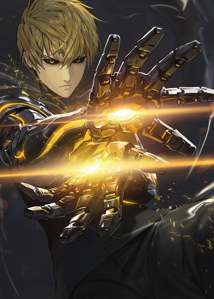 Anime picture 1000x1397 with one-punch man madhouse genos modare single tall image fringe short hair simple background blonde hair hair between eyes yellow eyes looking away glowing black background serious mechanical arms black sclera superhero boy
