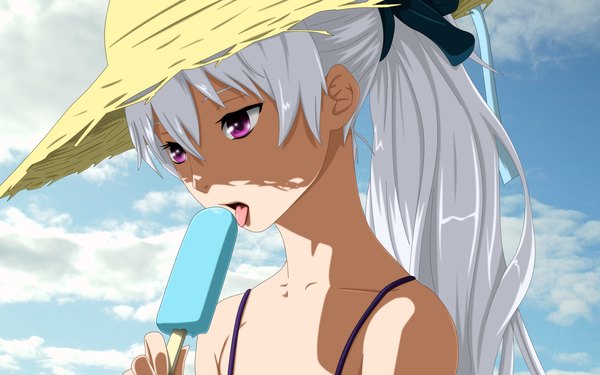Anime picture 1600x1000 with darker than black studio bones yin (darker than black) flowerinhell single fringe purple eyes bare shoulders sky silver hair cloud (clouds) white hair ponytail girl ribbon (ribbons) hat food sweets ice cream straw hat