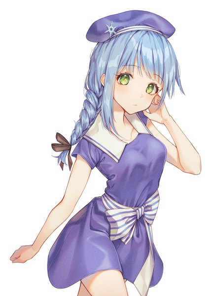 Anime picture 1250x1750 with original cha chya single long hair tall image looking at viewer simple background white background green eyes payot blue hair braid (braids) striped slit pupils girl dress ribbon (ribbons) bow hair ribbon beret