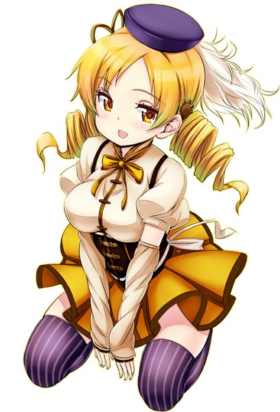 Anime picture 689x1013 with mahou shoujo madoka magica shaft (studio) tomoe mami zizi (zz22) single long hair tall image blush open mouth blonde hair simple background smile white background sitting twintails yellow eyes zettai ryouiki drill hair girl thighhighs