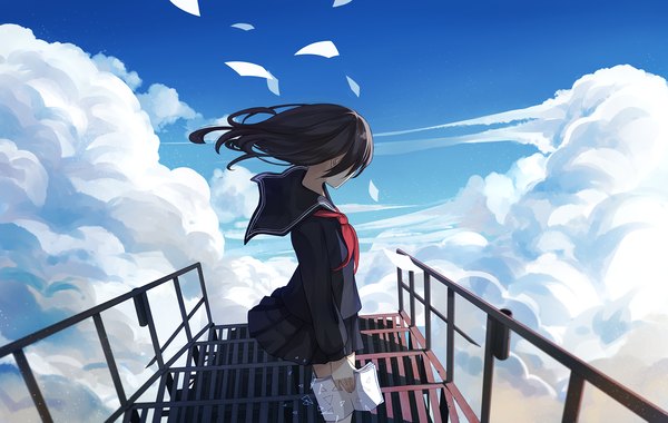 Anime picture 1722x1092 with original gkn levi single long hair highres black hair sky cloud (clouds) girl uniform serafuku paper
