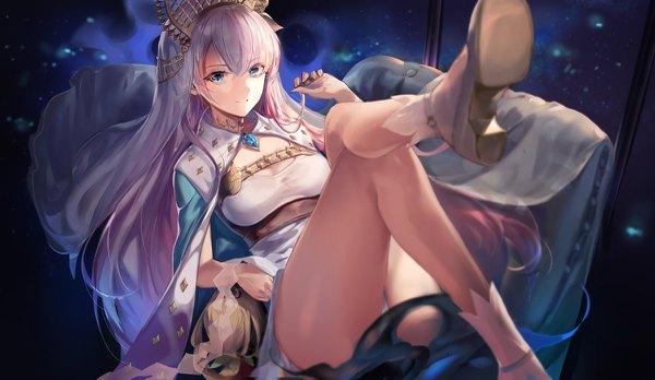 Anime picture 1200x697 with fate (series) fate/grand order anastasia (fate) viy (fate) rabbit (tukenitian) single long hair looking at viewer fringe breasts blue eyes light erotic smile hair between eyes wide image silver hair blurry pantyshot crossed legs reclining