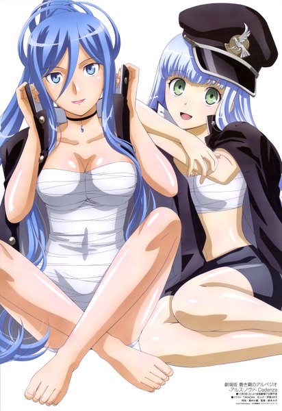 Anime picture 4091x5950 with aoki hagane no arpeggio takao (aoki hagane no arpeggio) iona takaoka (megami) long hair tall image looking at viewer highres open mouth blue eyes light erotic hair between eyes white background multiple girls blue hair absurdres official art girl 2 girls bandage (bandages)