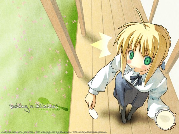 Anime picture 1280x960 with fate (series) fate/stay night studio deen type-moon artoria pendragon (all) saber blonde hair green eyes ahoge from above mouth hold ribbon (ribbons) hair ribbon pantyhose food blouse pudding