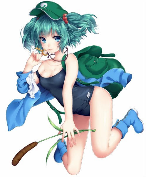 Anime picture 980x1181 with touhou kawashiro nitori miya (bluesky 121) single tall image looking at viewer short hair blue eyes light erotic blue hair two side up girl swimsuit boots one-piece swimsuit school swimsuit backpack flat cap key cattail