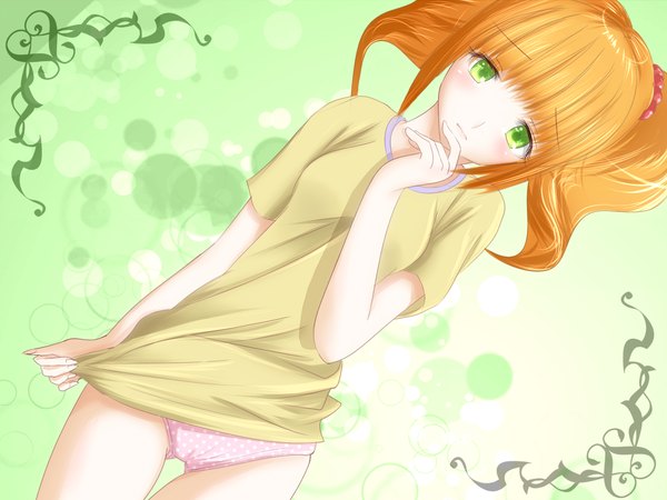 Anime picture 1600x1200 with idolmaster takatsuki yayoi ice2002 single light erotic green eyes orange hair polka dot girl underwear panties polka dot panties
