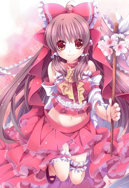 Anime picture 685x1000 with touhou hakurei reimu yanagise single long hair tall image looking at viewer red eyes brown hair girl skirt flower (flowers) bow hair bow detached sleeves petals frills skirt set gohei