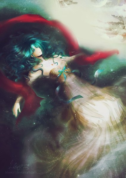 Anime picture 752x1063 with bishoujo senshi sailor moon toei animation kaiou michiru llewsart (artist) single long hair tall image lying aqua eyes aqua hair partially submerged wavy hair looking up spread arms eyeshadow space girl dress ribbon (ribbons) water