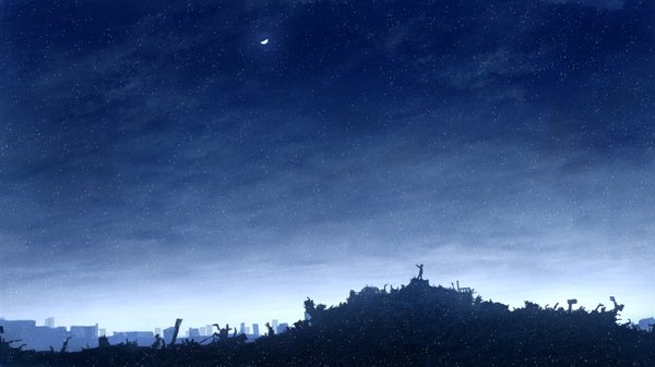 Anime picture 1760x990 with original mks single highres wide image standing night night sky looking up landscape silhouette abstract moon star (stars)