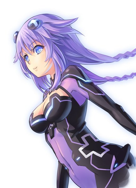 Anime picture 724x1000 with choujigen game neptune hyperdimension neptunia mk2 purple heart pinakes single long hair tall image looking at viewer breasts blue eyes simple background smile large breasts white background cleavage purple hair braid (braids) from below twin braids covered navel