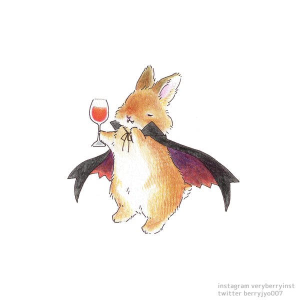 Anime picture 2000x2000 with original berry jou highres simple background white background signed fang (fangs) halloween no people traditional media colored pencil (medium) animal cloak bunny wine glass halloween costume