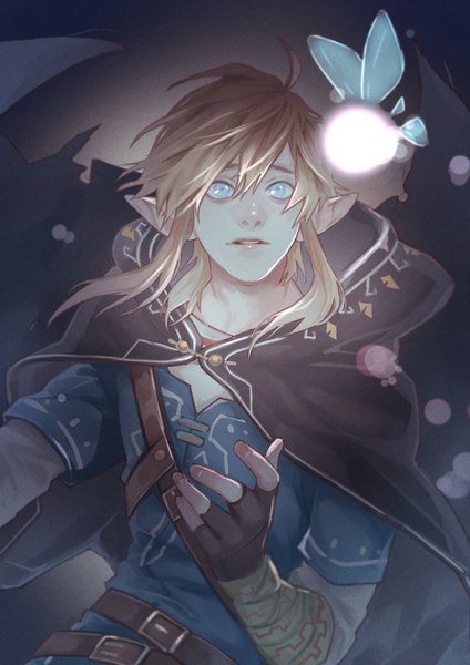 Anime picture 636x900 with the legend of zelda the legend of zelda: breath of the wild nintendo link saito yukihiro single tall image looking at viewer fringe short hair blue eyes blonde hair hair between eyes payot upper body ahoge parted lips arm up pointy ears elf
