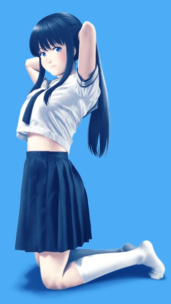 Anime picture 1800x3200 with original tora tsugumi single long hair tall image looking at viewer blush highres blue eyes black hair simple background payot full body pleated skirt arms up short sleeves no shoes kneeling adjusting hair blue background