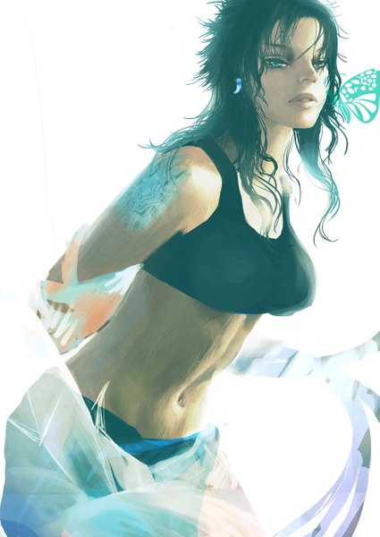 Anime picture 2149x3035 with final fantasy final fantasy xiii square enix oerba yun fang object spring single long hair tall image highres breasts light erotic simple background white background lips tattoo navel earrings insect butterfly