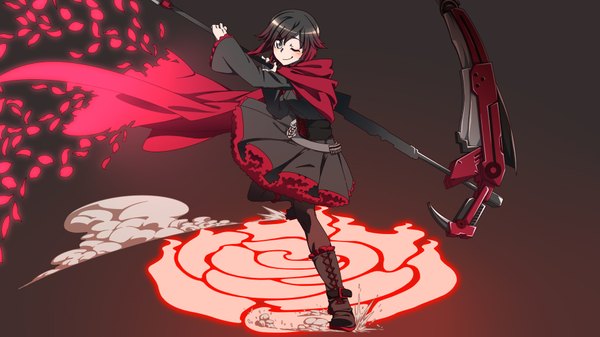 Anime picture 1920x1080 with rwby rooster teeth ruby rose drillarm single looking at viewer blush highres short hair black hair smile wide image red hair one eye closed multicolored hair wink two-tone hair grey eyes lacing fighting stance