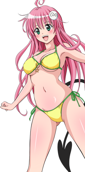 Anime picture 1007x2018 with toloveru xebec lala satalin deviluke korotan single long hair tall image blush open mouth light erotic smile green eyes pink hair ahoge tail armpit (armpits) transparent background girl navel swimsuit