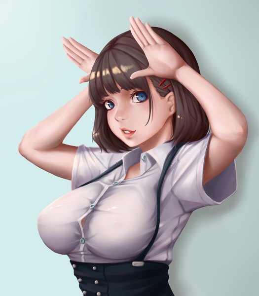 Anime picture 1050x1200 with original dydydyok single tall image looking at viewer blush fringe short hair breasts blue eyes light erotic simple background brown hair large breasts upper body blunt bangs parted lips arms up short sleeves open collar