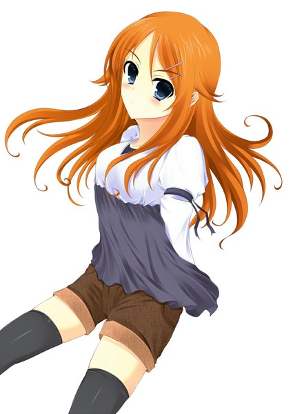 Anime picture 836x1180 with ore no imouto ga konna ni kawaii wake ga nai kousaka kirino watanuki kaname single long hair tall image looking at viewer blush blue eyes simple background white background orange hair girl thighhighs black thighhighs shorts