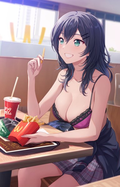 Anime picture 1363x2129 with kenzen kanojo uruka-chan uruka (kenzen kanojo uruka-chan) shamakho single long hair tall image fringe breasts light erotic black hair smile hair between eyes large breasts sitting holding signed looking away indoors aqua eyes grin