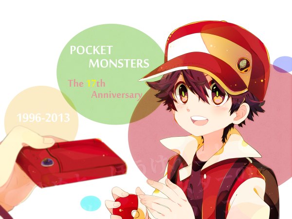 Anime picture 1200x900 with pokemon nintendo red (pokemon) ookido yukinari nicole (usako) blush short hair open mouth black hair red eyes white background inscription anniversary boy backpack flat cap hand pokeball