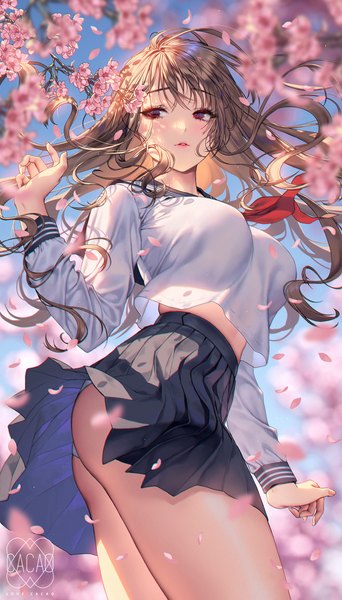 Anime picture 1425x2500 with original love cacao single long hair tall image blush fringe breasts light erotic red eyes brown hair large breasts signed looking away outdoors ass long sleeves parted lips pleated skirt wind
