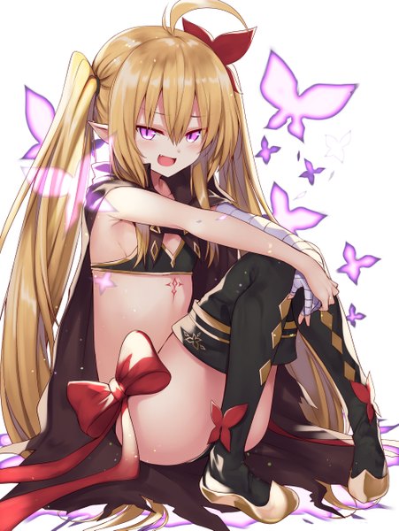 Anime picture 1000x1329 with original mahcdai single tall image fringe open mouth light erotic simple background blonde hair hair between eyes white background sitting purple eyes twintails payot full body ahoge ass very long hair pointy ears
