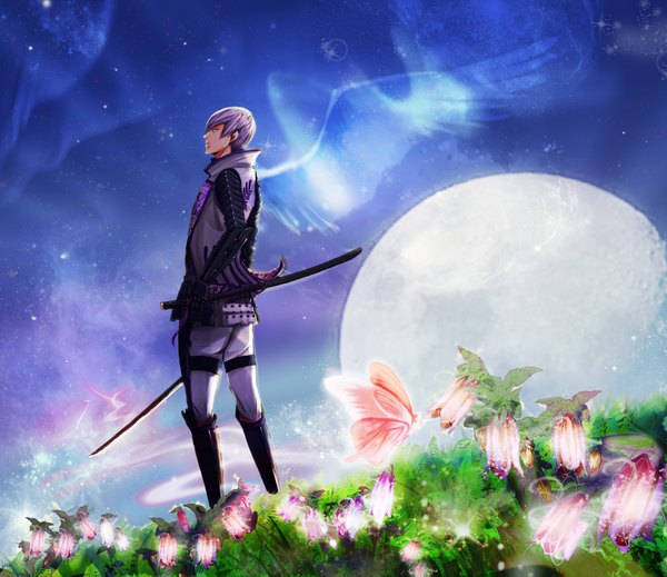 Anime picture 2000x1733 with sengoku basara production i.g mitsunari ishida rrrrr (artist) single highres sky profile warrior aurora borealis boy flower (flowers) weapon wings armor insect butterfly planet
