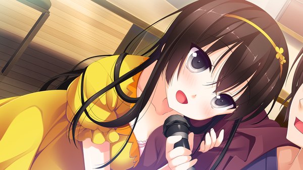 Anime picture 1280x720 with ichiban janakya dame desu ka? (game) long hair blush open mouth black hair wide image game cg grey eyes couple girl dress boy hairband microphone