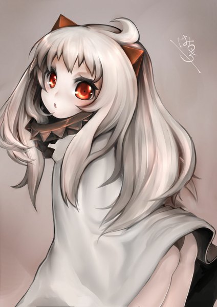 Anime picture 764x1080 with kantai collection northern ocean hime hachachi single long hair tall image looking at viewer fringe open mouth light erotic simple background red eyes signed ass white hair looking back horn (horns) grey background pantyshot watermark