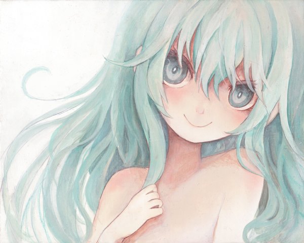 Anime picture 1000x801 with original nanashina (artist) single long hair looking at viewer blush breasts light erotic simple background smile white background aqua eyes aqua hair no bra portrait flat chest girl