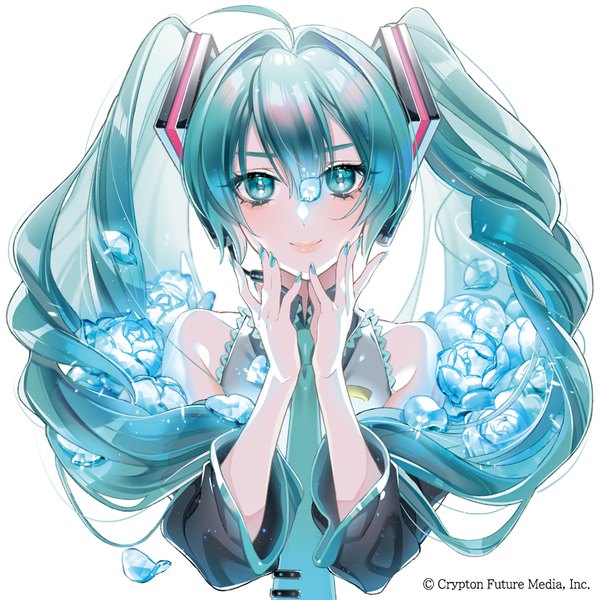 Anime picture 900x900 with vocaloid hatsune miku caracoro single long hair looking at viewer fringe simple background hair between eyes white background twintails upper body ahoge nail polish aqua eyes aqua hair official art aqua nail polish girl flower (flowers)