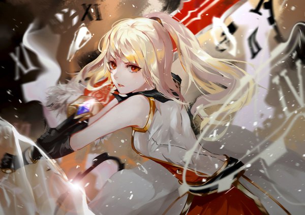 Anime picture 2545x1800 with maplestory vardan single long hair looking at viewer fringe highres blonde hair red eyes standing holding ponytail blunt bangs parted lips looking back floating hair fighting stance broken glass girl gloves