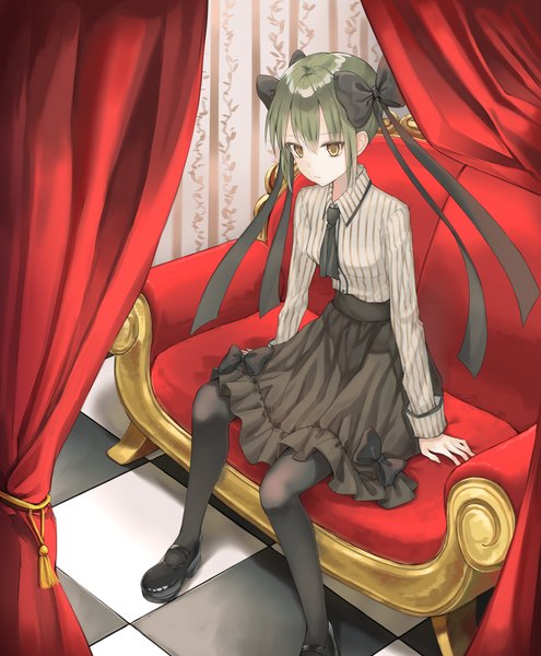 Anime picture 1900x2300 with original cha chya single tall image fringe highres short hair hair between eyes sitting yellow eyes payot looking away full body bent knee (knees) indoors green hair arm support striped checkered floor frilly skirt