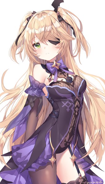 Anime picture 739x1300 with genshin impact fischl (genshin impact) shiro albino single long hair tall image blush fringe light erotic simple background blonde hair hair between eyes white background green eyes two side up dated girl detached sleeves eyepatch
