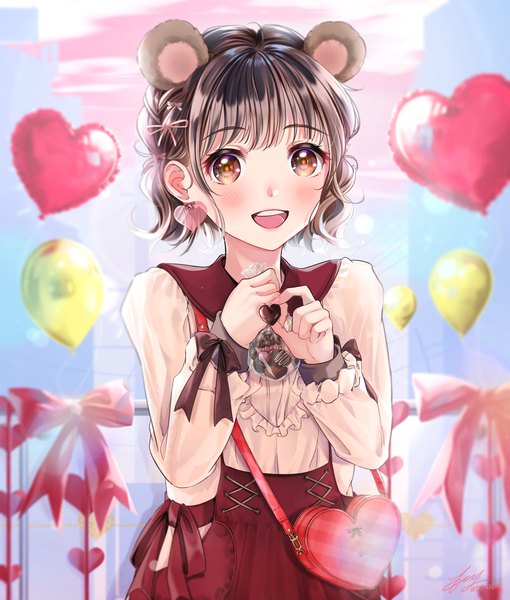 Anime picture 2647x3112 with original takuki single tall image looking at viewer blush fringe highres short hair open mouth smile brown hair standing holding brown eyes signed animal ears blunt bangs :d blurry