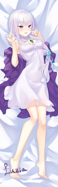 Anime picture 360x1152 with re:zero kara hajimeru isekai seikatsu white fox emilia (re:zero) luzia single long hair tall image blush breasts open mouth purple eyes signed looking away cleavage silver hair full body lying braid (braids) barefoot hair flower