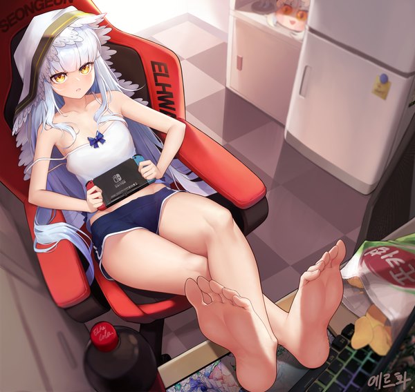 Anime picture 4050x3834 with unleashed nintendo rkfjfjf119 single long hair looking at viewer blush fringe highres sitting bare shoulders holding signed yellow eyes absurdres silver hair full body indoors blunt bangs barefoot