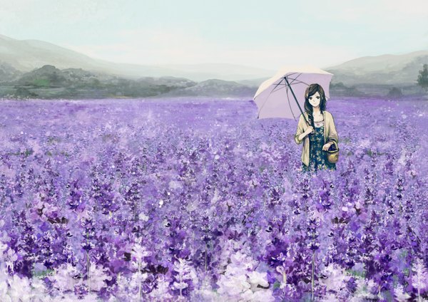 Anime picture 1500x1061 with original saya (mychristian2) long hair brown hair brown eyes wallpaper mountain scenic field girl flower (flowers) umbrella basket lavender