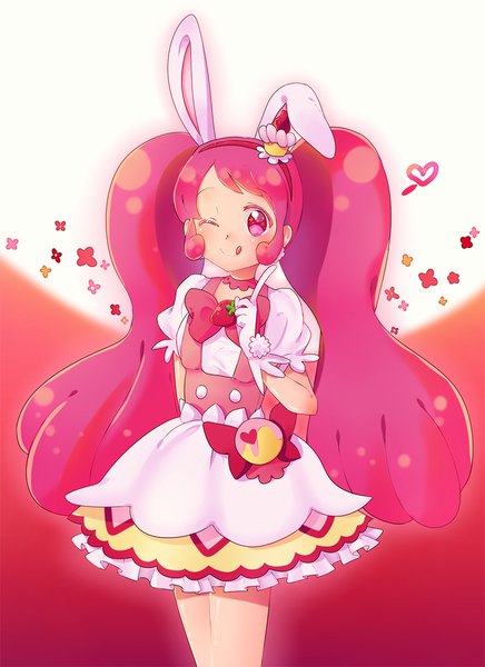 Anime picture 800x1100 with precure kirakira precure a la mode toei animation usami ichika cure whip samepon single tall image blush smile standing twintails animal ears pink hair tail very long hair pink eyes one eye closed wink short sleeves