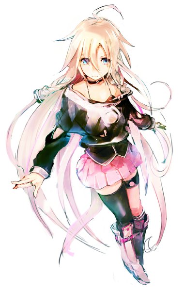 Anime picture 700x1104 with vocaloid ia (vocaloid) so-bin single tall image blue eyes simple background smile white background bare shoulders pink hair ahoge very long hair pleated skirt girl skirt ring knee boots pink skirt