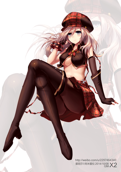 Anime picture 767x1084 with god eater burst alisa ilinichina amiella x2 single long hair tall image looking at viewer blush blue eyes light erotic blonde hair sitting bare shoulders pleated skirt bare belly high heels crossed legs adjusting hair plaid skirt zoom layer