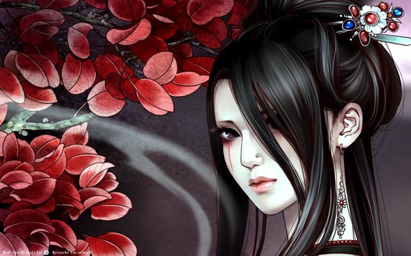Anime picture 1920x1200 with jianxia qingyuan 3 tagme (artist) single long hair looking at viewer fringe highres black hair red eyes wide image hair over one eye piercing pale skin nose piercing girl earrings leaf (leaves) jewelry branch