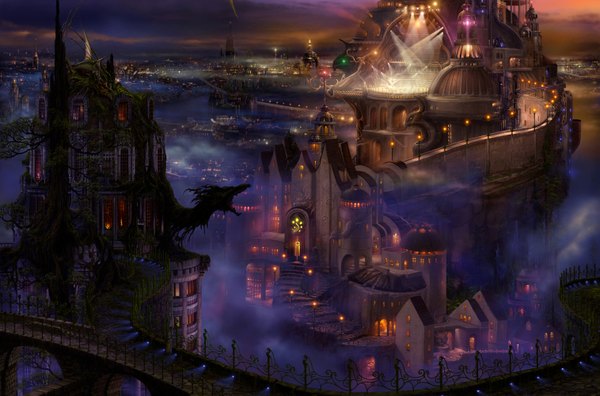 Anime picture 1515x1000 with original ucchiey city cityscape fantasy fog panorama overgrown dragon bridge