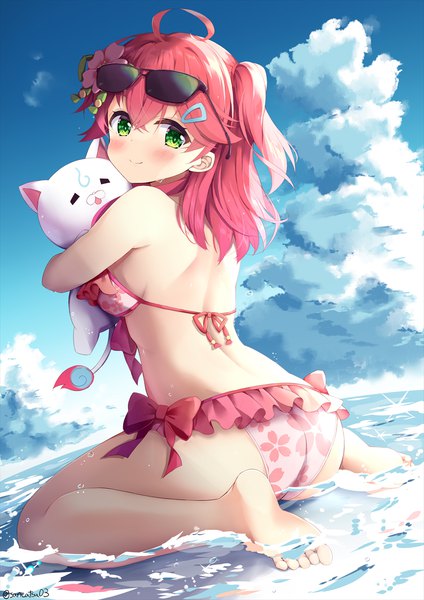 Anime picture 848x1200 with virtual youtuber hololive sakura miko 35p (sakura miko) sakura miko (2nd costume) niwasane (saneatsu03) single long hair tall image looking at viewer blush fringe breasts light erotic smile hair between eyes large breasts sitting green eyes signed
