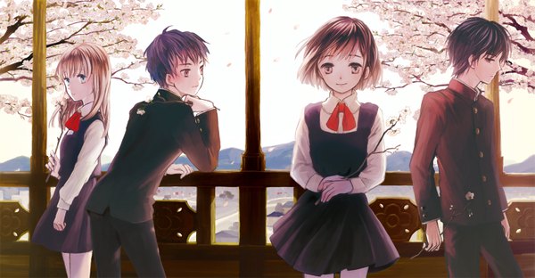 Anime picture 1575x819 with sugi (artist) short hair blue eyes black hair blonde hair smile brown hair wide image multiple girls brown eyes profile from behind multiple boys cherry blossoms group girl boy uniform 2 girls school uniform
