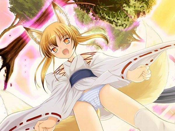 Anime picture 1024x768 with kanosora (game) light erotic blonde hair yellow eyes game cg fox girl wind lift girl underwear panties