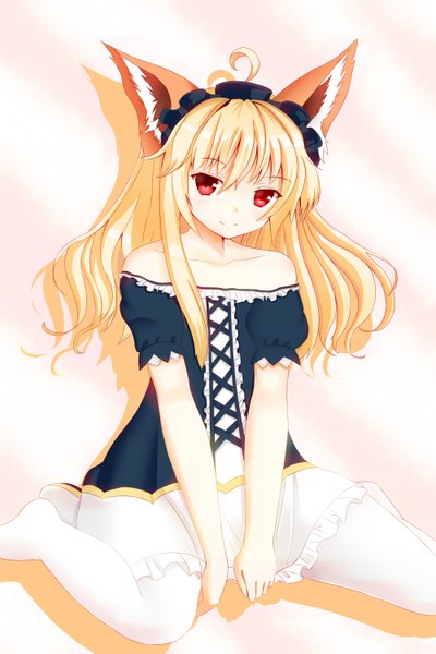 Anime picture 2000x3000 with tera online negishio (artist) single long hair tall image highres blonde hair smile red eyes bare shoulders animal ears ahoge girl dress
